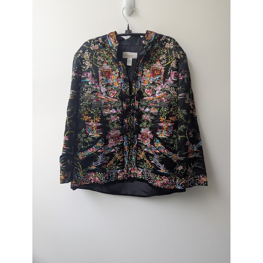 Vtg Chico's Jacket Black Embroidered Silk Blend Frog Closure Sz 2 (L)